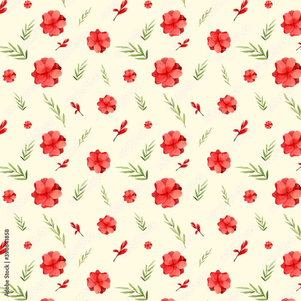 Red Flowers Bouquet watercolor illustration. Floral seamless pattern. Delicate elegant nature background for romantic events, anniversaries, holidays. Scrapbook colorful bright clip art. 