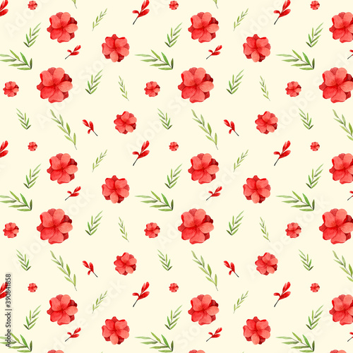 Red Flowers Bouquet watercolor illustration. Floral seamless pattern. Delicate elegant nature background for romantic events  anniversaries  holidays. Scrapbook colorful bright clip art. 