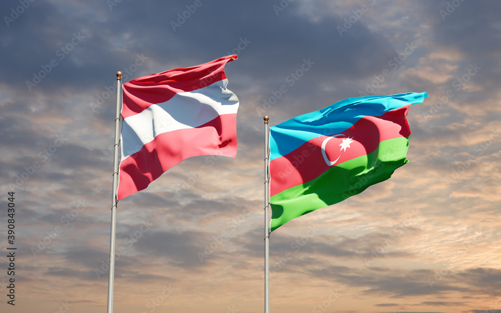Beautiful national state flags of Azerbaijan and Austria together at the sky background. 3D artwork concept. Beautiful national state flags of Azerbaijan and Austria together at the sky background. 3D artwork concept.