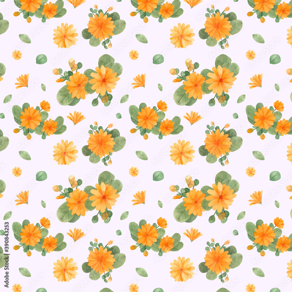 Watercolor Yellow Daisies Flowers illustration. Yellow and green floral seamless pattern over a light purple background. Repeating pattern for decoration. Scrapbook elegant clipart. 