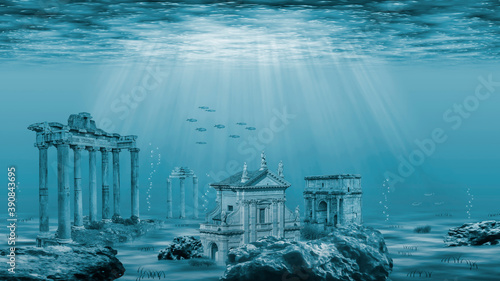 Illustration - Ruins of the Atlantis civilization. Underwater ruins photo