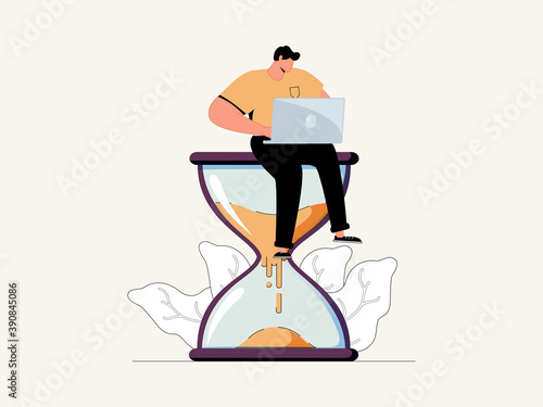 Procrastination in Business Process Concept. Businessman Sitting on Hourglass with Laptop in Hands. Time Management.