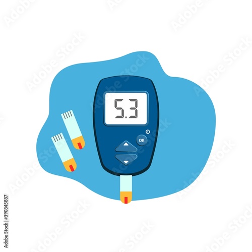 Diabetic glucose measuring device with normal sugar level. Diabetes glucometer icon. World diabetes day. Vector