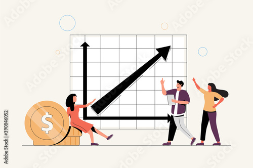Progress graphic with success and growth rate on axis tiny persons concept.