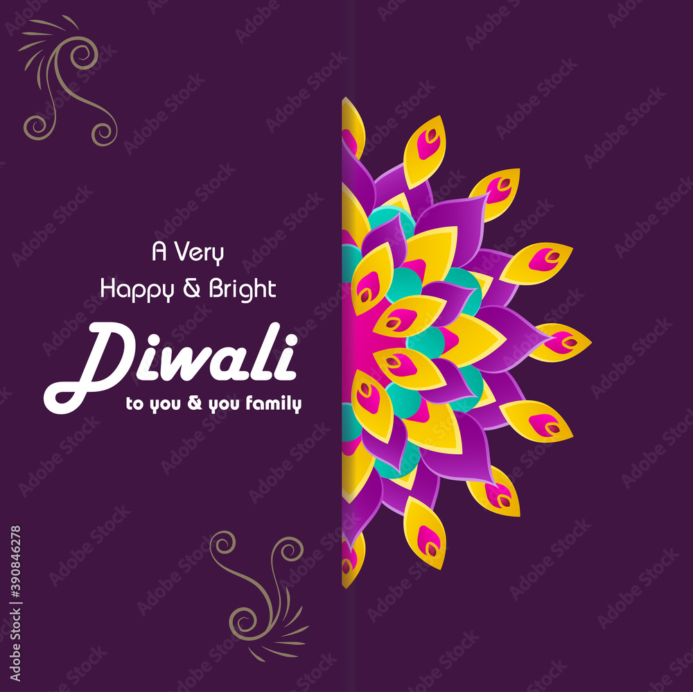Diwali festival greeting card with colorful rangoli and diya lamp