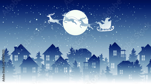 Christmas landscape vector illustration.  Santa Claus flying over the town in the snowy night with his reindeer sleigh
