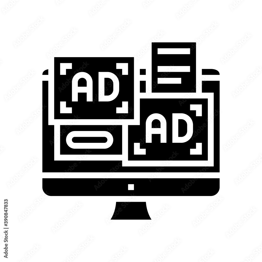 advertisement banners on computer screen glyph icon vector. advertisement banners on computer screen sign. isolated contour symbol black illustration advertisement banners on computer screen glyph icon vector. advertisement banners on computer screen sign. isolated contour symbol black illustration