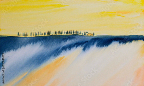 Acrylic painting of a yellow, orange, and blue colored colorful Tuscan landscape with trees and cypresses at the horizon, with flowing paint, splashes of paint, copy space