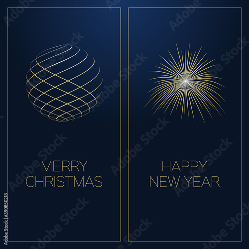 dark christmas and new year greeting card with fine golden lines