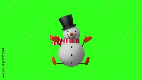 3D Happy Christmas Snowman rotating and waving the hands, Display and decoration design for Christmas celebration concept, seamless looping animation on green screen background.