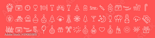 Set of white Christmas icons on a red background. Thin line. Collection of winter icons. Happy New Year.