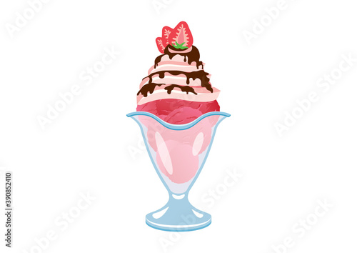 Strawberry ice cream sundae icon vector. Ice cream sundae with whipped cream, chocolate icing and strawberries vector. Sundae icon isolated on a white background. Ice cream in a glass  cup vector