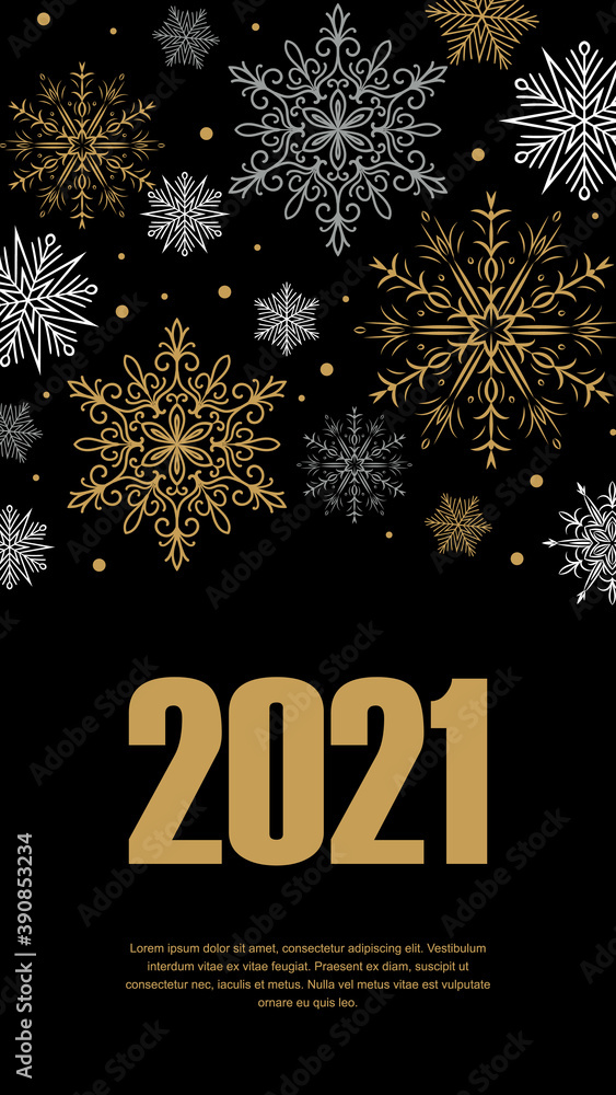 Vertical Merry Christmas and Happy New Year greeting card with beautiful golden and white snowflakes on black background. Christmas design for banners, posters, massages, announcements. Space for text Vertical Merry Christmas and Happy New Year greeting card with beautiful golden and white snowflakes on black background. Christmas design for banners, posters, massages, announcements. Space for text