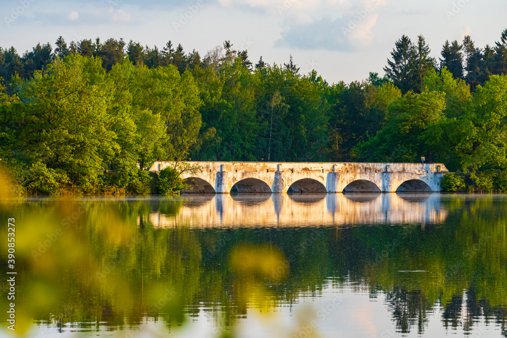 Old stone bridge over Vitek pond near Trebon, Southern Bohemia, Czech Republic