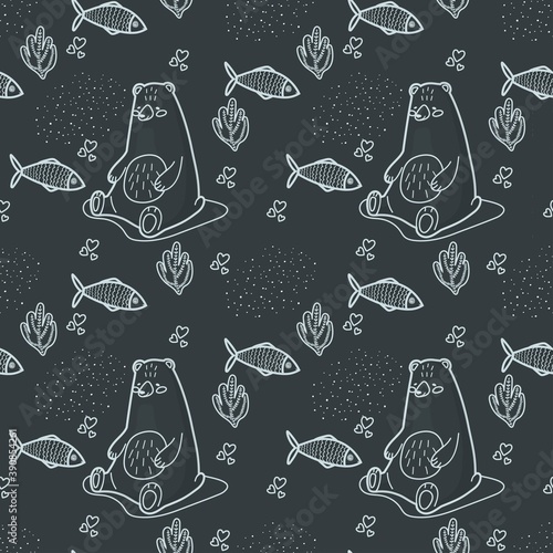 Seamless pattern with cartoon polar bear, fish and plant, contour drawing on chalk board. Vector illustration in cute simple childish style for printing on wallpaper and children textiles.