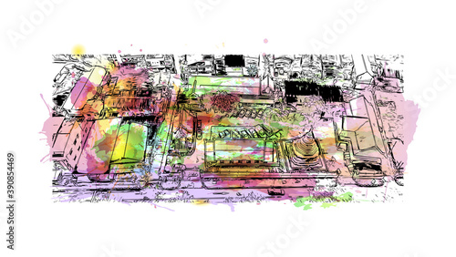 Building view with landmark of Chiang Mai is a city in mountainous northern Thailand. Watercolor splash with hand drawn sketch illustration in vector.