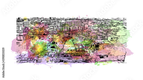 Building view with landmark of Chiang Mai is a city in mountainous northern Thailand. Watercolor splash with hand drawn sketch illustration in vector.
