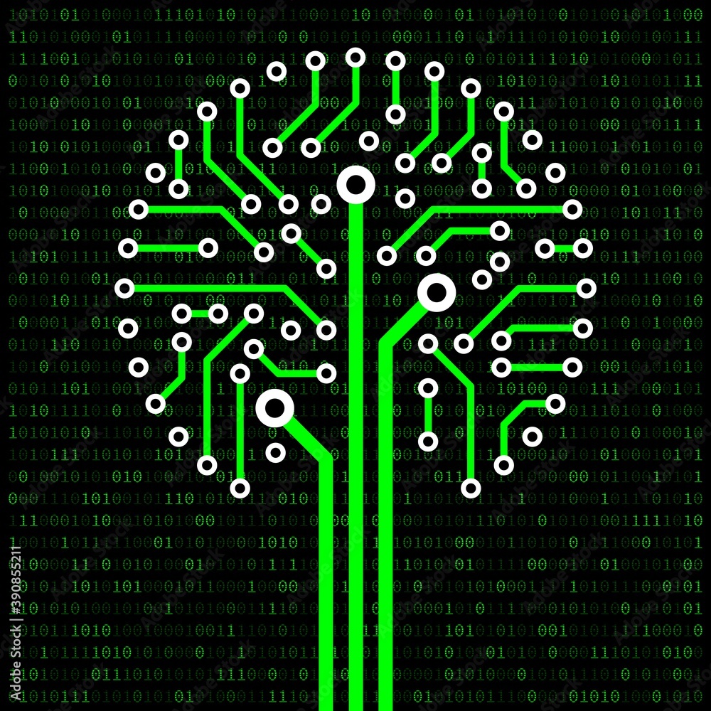 Fototapeta premium Circuit Board Tree. Circuit board tree on a digital binary code background. Vector illustration.
