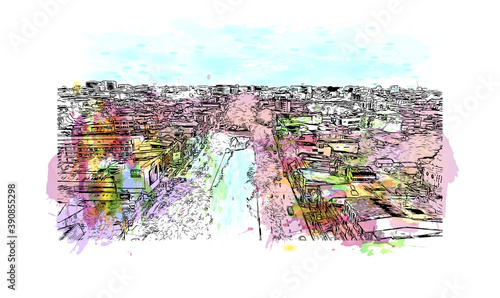 Building view with landmark of Chiang Mai is a city in mountainous northern Thailand. Watercolor splash with hand drawn sketch illustration in vector.