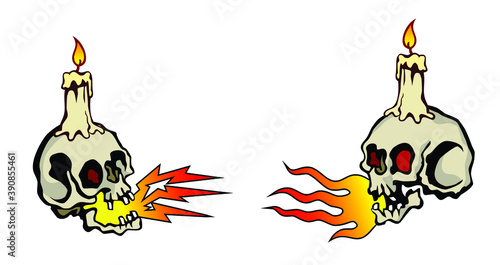 Human skulls with candles and fire in old school tattoo style, vector drawing