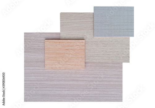 Fototapeta Naklejka Na Ścianę i Meble -  composition of interior material board samples containind ash ,douglas fir  ,white wooden laminated and grey fabric laminated samples isolated on white background with clipping path.