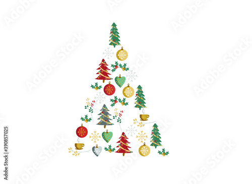Christmas tree, gifts and toys, wreath, vector illustration of Christmas card