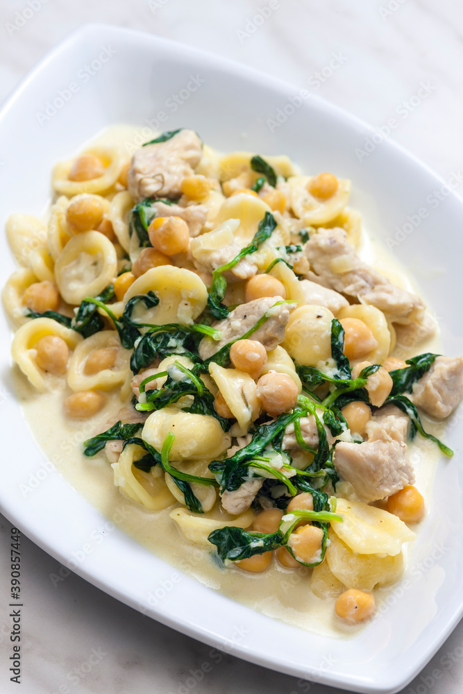 pasta orecchiette with chicken meat, chick peas and spinach pasta orecchiette with chicken meat, chick peas and spinach