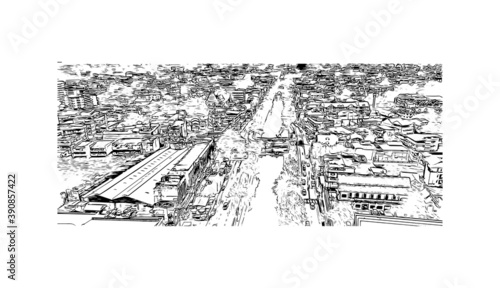 Building view with landmark of Chiang Mai is a city in mountainous northern Thailand. Hand drawn sketch illustration in vector.