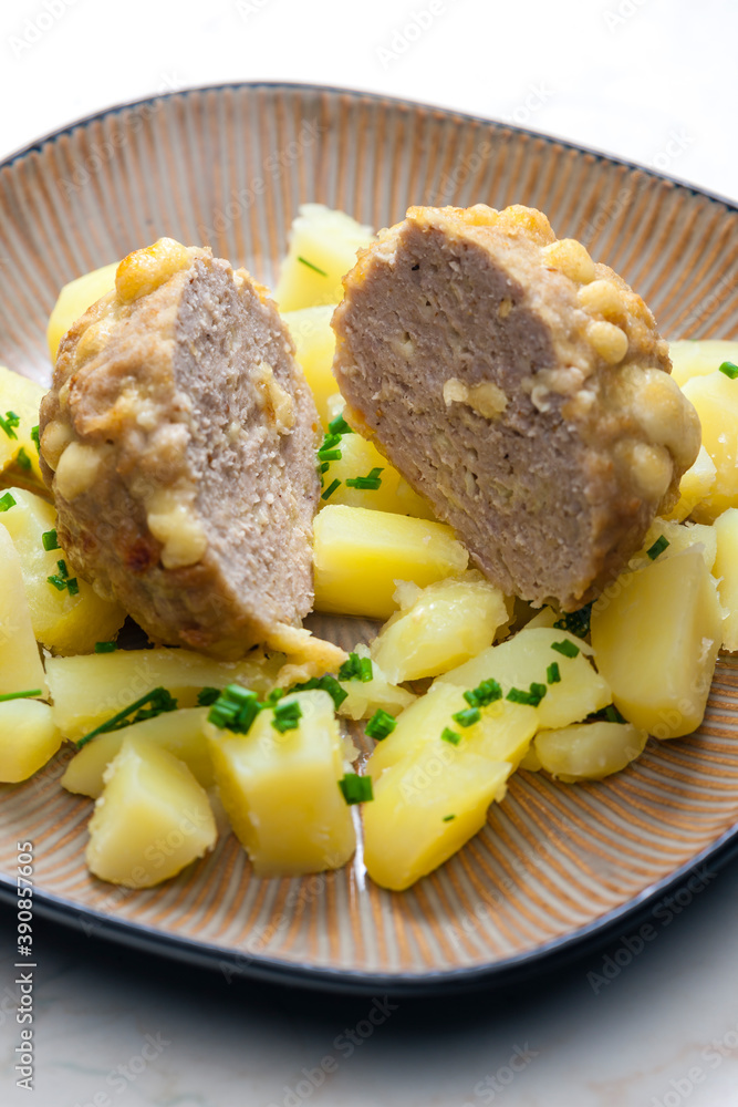 meat ball baked with beans and cheese served with potatoes meat ball baked with beans and cheese served with potatoes