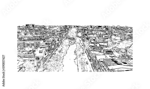 Building view with landmark of Chiang Mai is a city in mountainous northern Thailand. Hand drawn sketch illustration in vector.