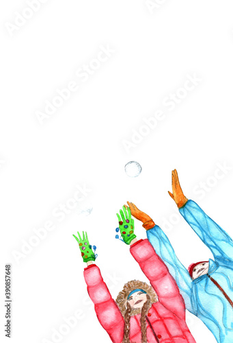 Love couple hand drawn illustration.Couple  playing snowballs in winter.