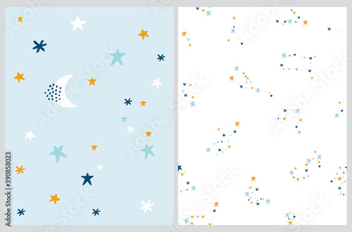 Cute Abstract Night Sky Illustration and Seamless Zodiac Vector Pattern. Funny Hand Drawn New Moon and Little Stars Isolated on a Pastel Blue Background. Zodiac Print ideal for Fabric, Textile.