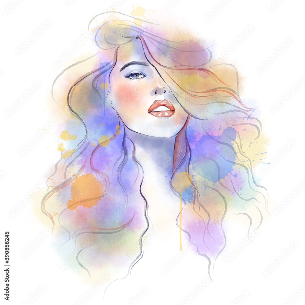 Watercolor portrait of girl. Fashion portrait of a woman with hair.