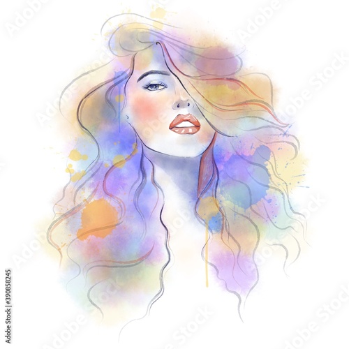 Watercolor portrait of girl. Fashion portrait of a woman with hair.