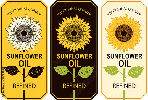 Set of three labels for refined sunflower oil with a big sunflower flower in a figured frame. Vector illustration in flat style, advertising poster, sticker, banner