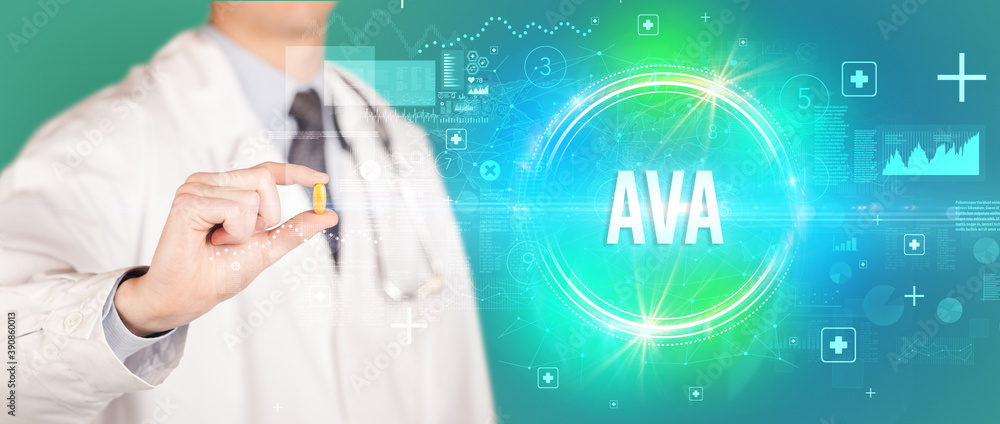 Close-up of a doctor giving you a pill with AVA abbreviation, virology concept Close-up of a doctor giving you a pill with AVA abbreviation, virology concept