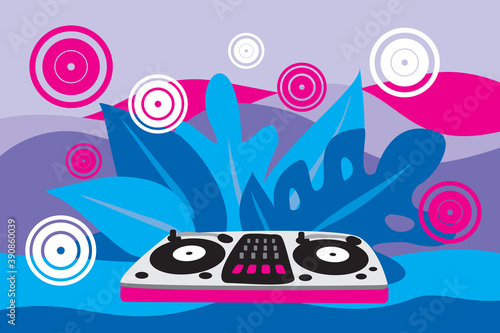 DJ console on a vegetable background. Disco party