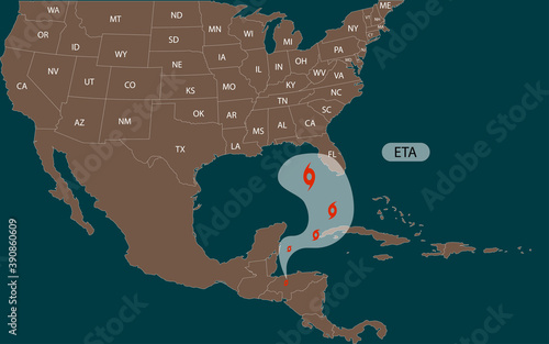 Hurricane ETA moves into the USA. Tropical Storm ETA headed toward Florida, Central America. World map. Vector illustration. EPS 10
