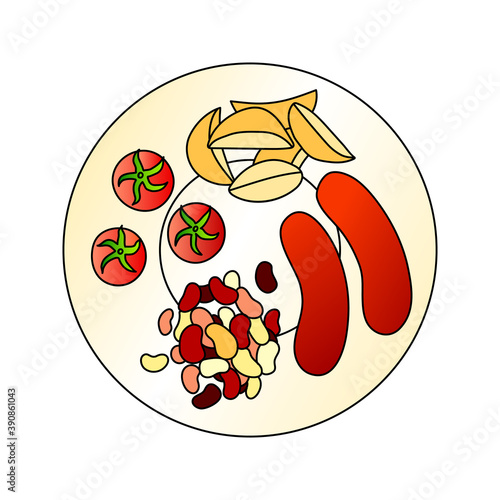 Flat lay breakfast served on a plate. Top view fried potatoes, two sausages, cherry tomatoes and beans. Restaurant dish.