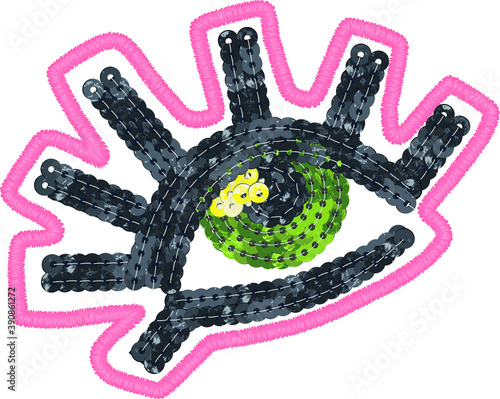 Sequin applique embroidery vector illustration.Eye sequin embroidery
