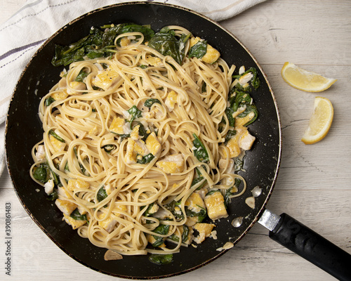 Top view of the freshly made linguine pasta in the pan