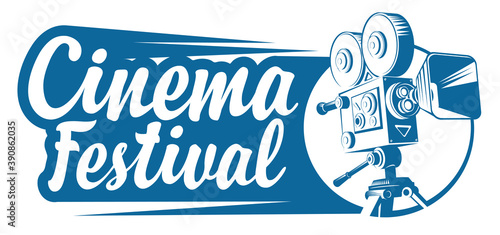 Logo for cinema festival with old-fashioned movie projector and calligraphic inscription. Vector illustration or icon, suitable for flyer, invitation, banner, poster, web page, label