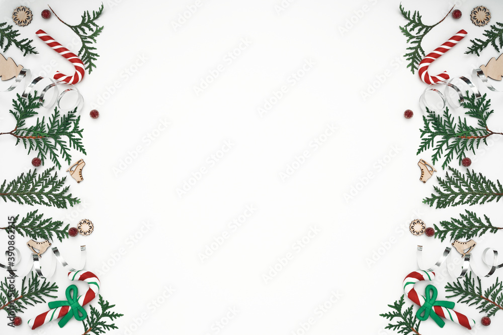 Thuja branches, spruce and New Year's decor. Copy space, flat lay, mock up, top view. Thuja branches, spruce and New Year's decor. Copy space, flat lay, mock up, top view.