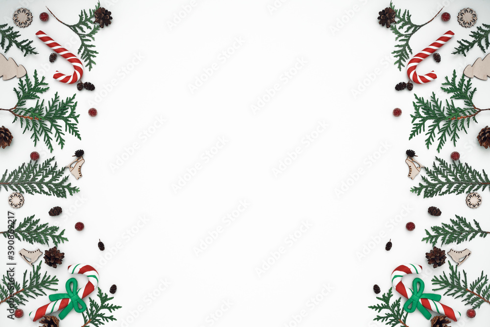 Thuja branches, spruce and New Year's decor. Copy space, flat lay, mock up, top view. Thuja branches, spruce and New Year's decor. Copy space, flat lay, mock up, top view.