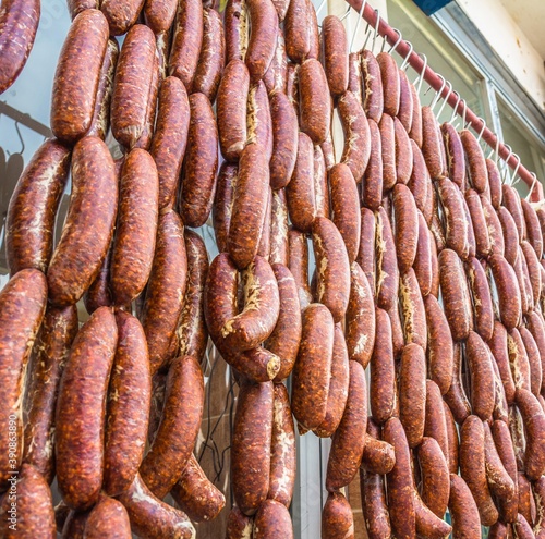 View from below of grilled sausages at street market in Cappadocia, Turkey.