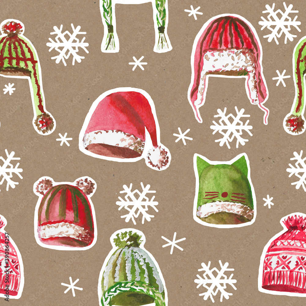 Christmas watercolor seamless pattern with winter hats and snowflakes.