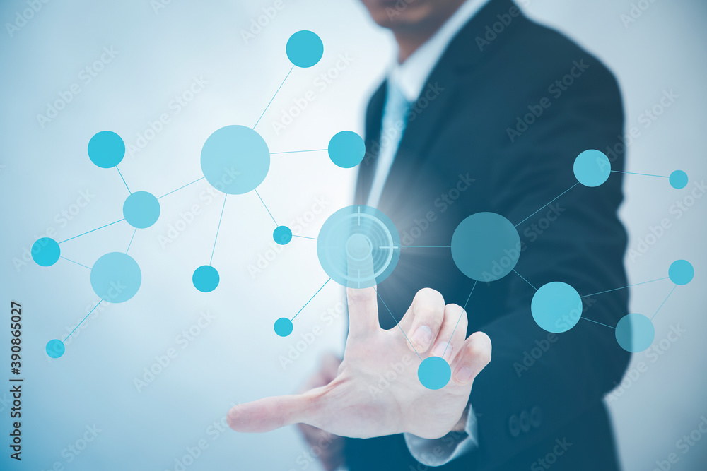 Businessman touchscreen on the graph Screen Icon of a media screen, Technology Process System Business with Communication and marketing icon concept. Businessman touchscreen on the graph Screen Icon of a media screen, Technology Process System Business with Communication and marketing icon concept.