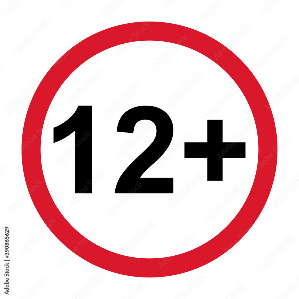 12+ restriction flat sign isolated on white background. Age limit symbol. No under twelve years warning illustration 12+ restriction flat sign isolated on white background. Age limit symbol. No under twelve years warning illustration