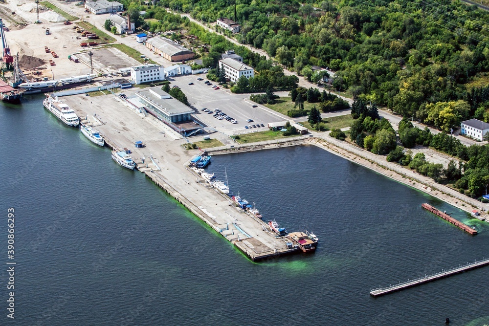 Aerial view of almost empty Ulyanovsk port at the river Volga. Russia.
