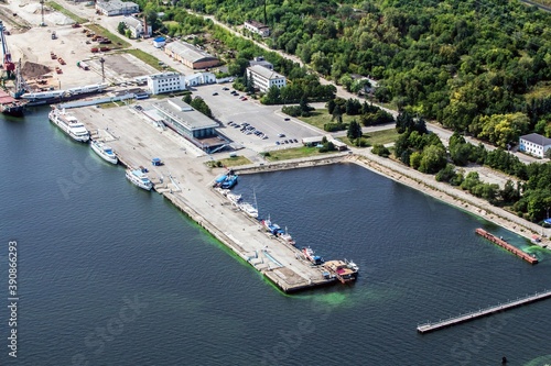 Aerial view of almost empty Ulyanovsk port at the river Volga. Russia.